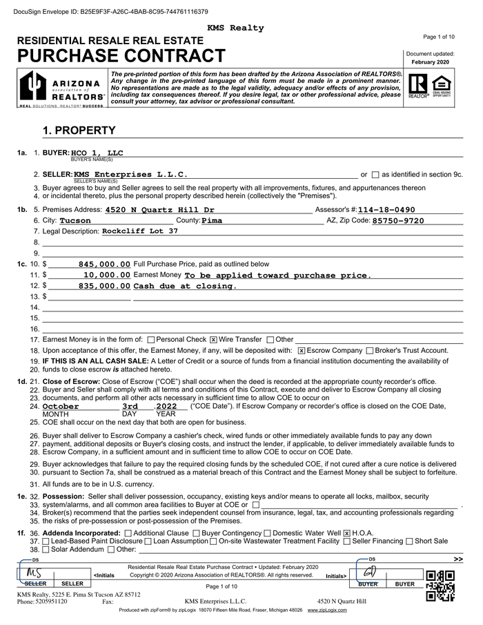 Page 1 of the sample Purchase and Sale Agreement