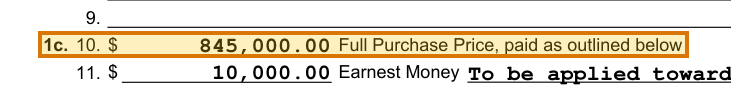The region of the sample Purchase and Sale Agreement containing Full purchase price, with the extracted value outlined