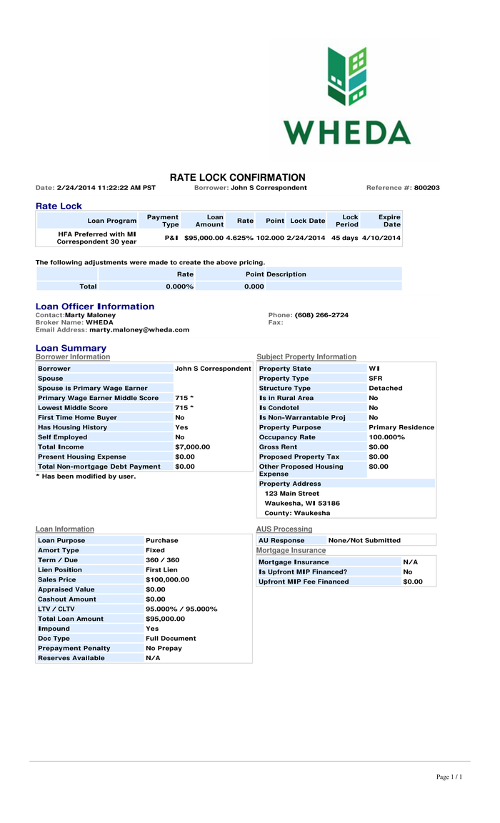 Page 1 of the sample Rate Lock