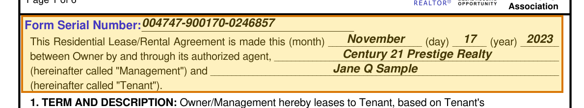 The region of the sample Residential Lease containing Tenant, with the extracted value outlined