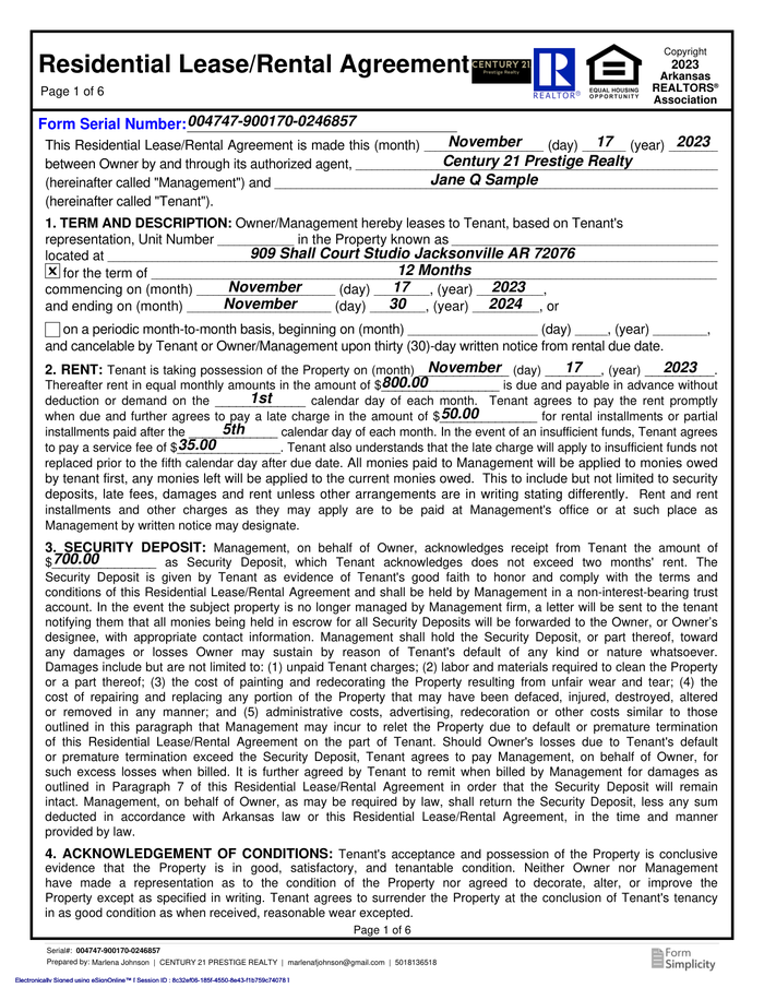 Page 1 of the sample Residential Lease