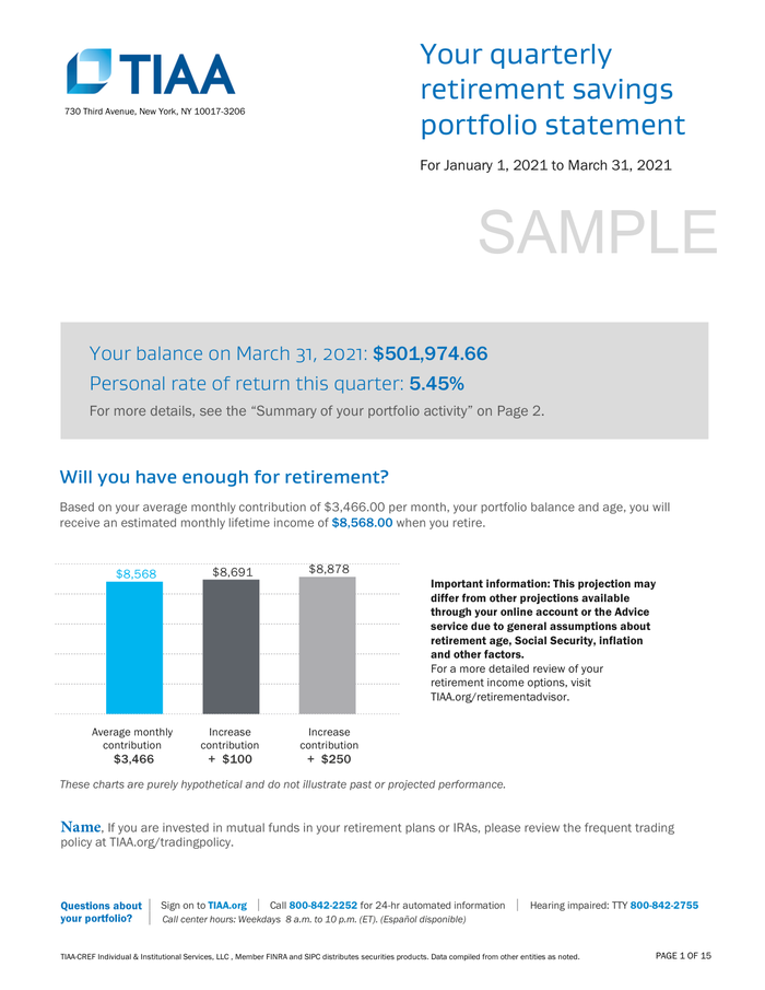 Page 1 of the sample Retirement Statement