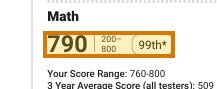 The region of the sample SAT Score Report containing Math score, with the extracted value outlined