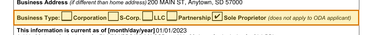 The region of the sample SBA Form 413 containing Business type, with the extracted value outlined