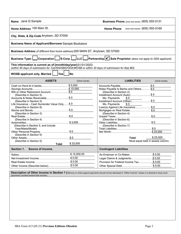 Page 2 of the sample SBA Form 413