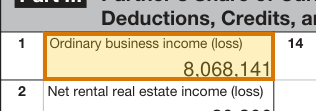 The region of the sample Schedule K-1 containing Ordinary business income (box 1), with the extracted value outlined