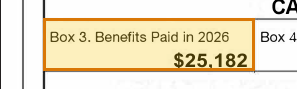 The region of the sample SSA-1099 containing Benefits paid (box 3), with the extracted value outlined