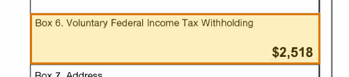 The region of the sample SSA-1099 containing Federal tax withheld (box 6), with the extracted value outlined