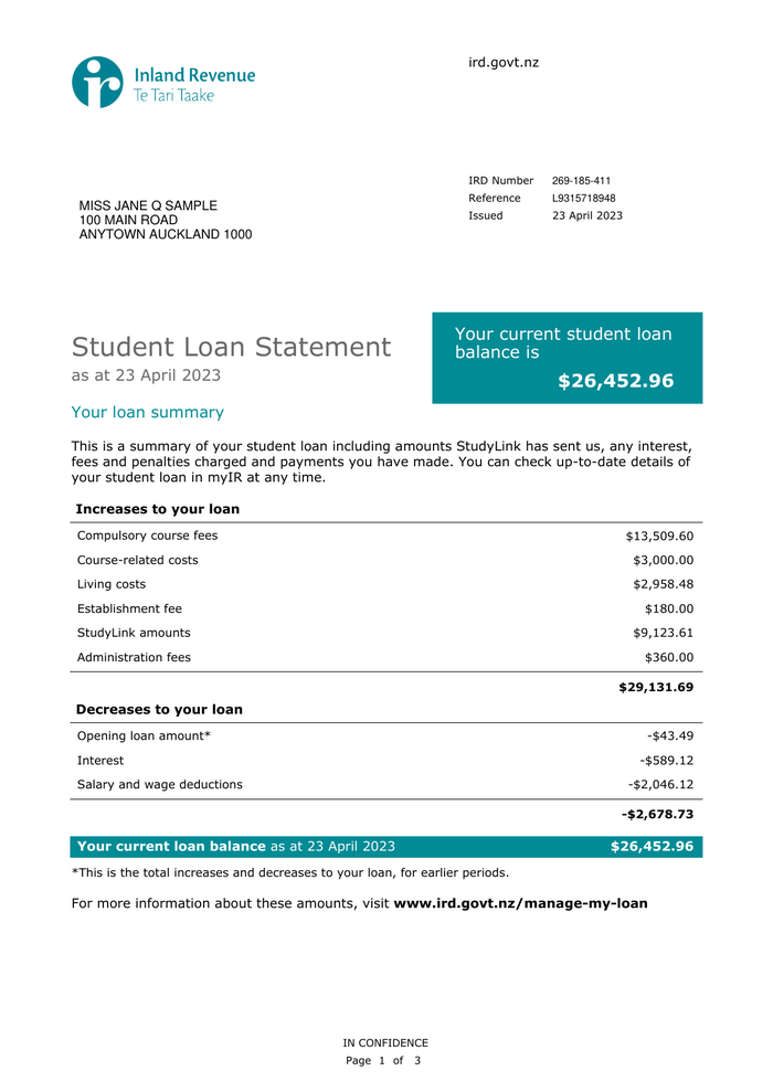 Page 1 of the sample Student Loan Statement