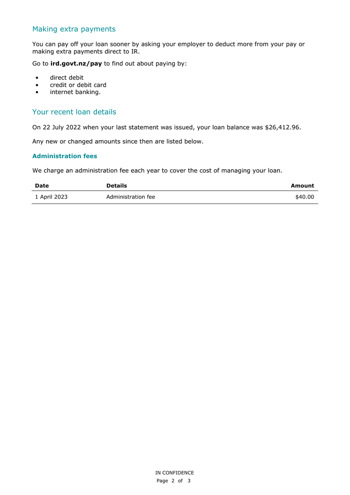 Page 2 of the sample Student Loan Statement