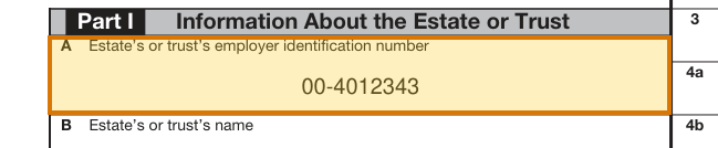 The region of the sample Trust Income Document containing Trust EIN (item A), with the extracted value outlined