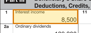 The region of the sample Trust Income Document containing Interest income (box 1), with the extracted value outlined