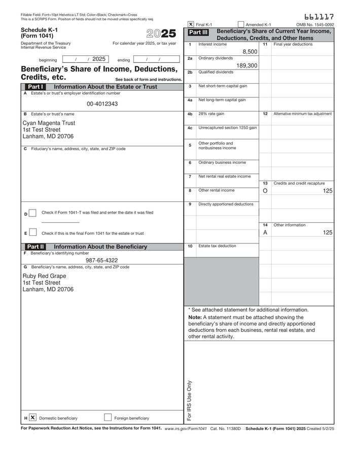 Page 1 of the sample Trust Income Document