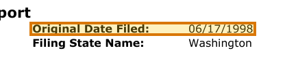 The region of the sample UCC Lien Search containing Original date filed, with the extracted value outlined