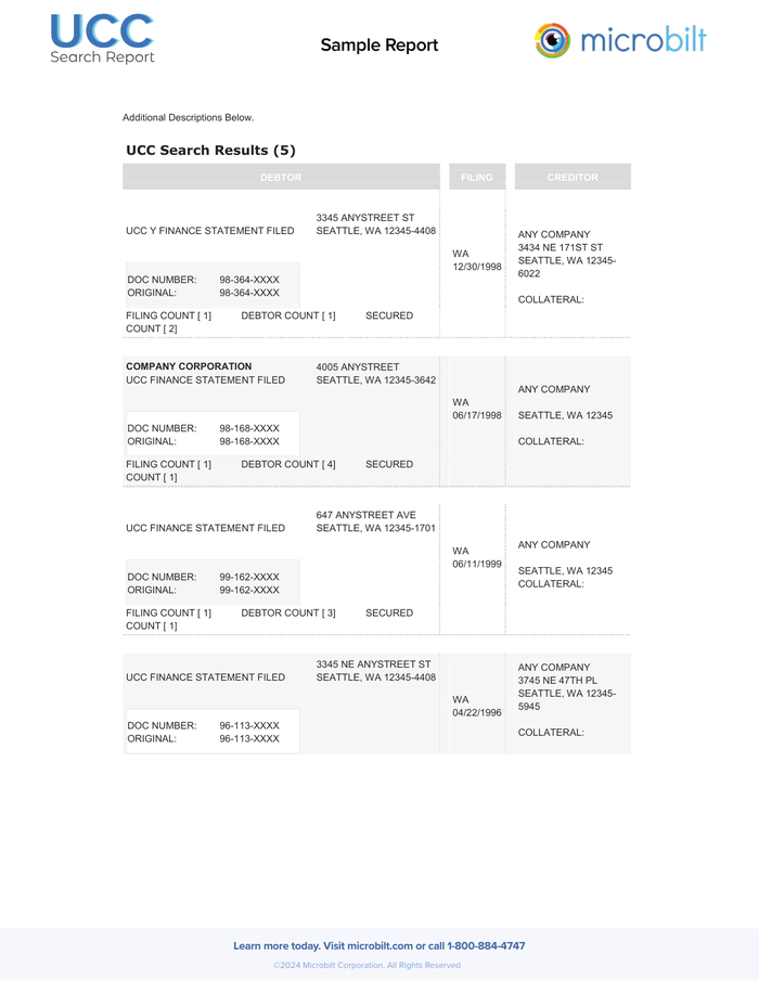 Page 1 of the sample UCC Lien Search