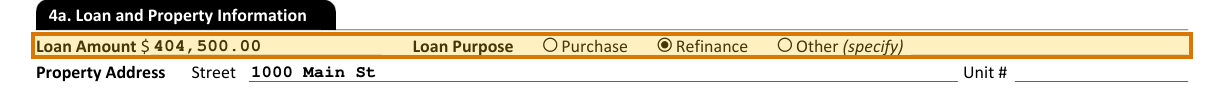 The region of the sample Uniform Residential Loan Application containing Loan purpose, with the extracted value outlined