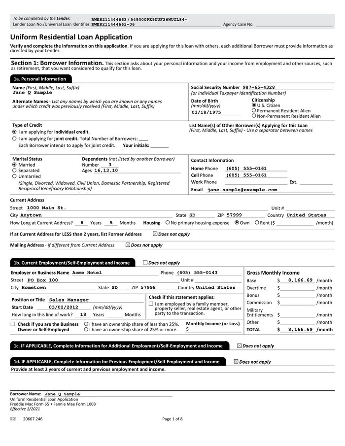 Page 1 of the sample Uniform Residential Loan Application