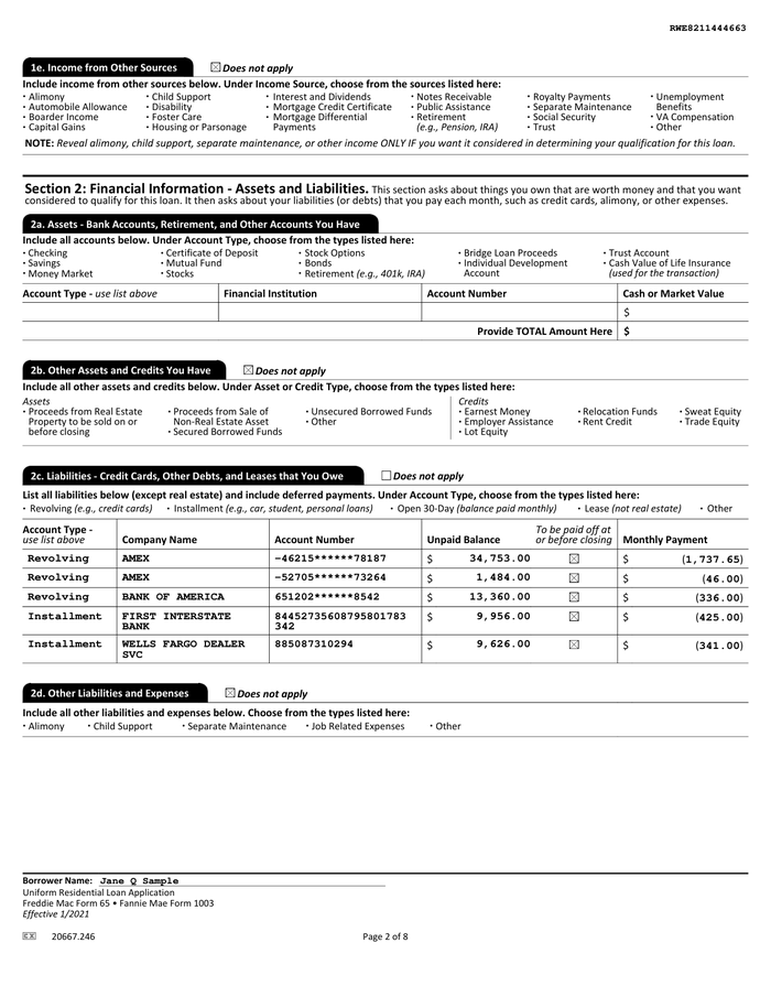 Page 2 of the sample Uniform Residential Loan Application