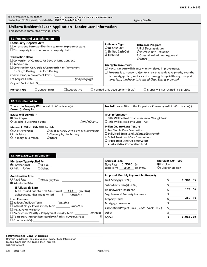 Page 7 of the sample Uniform Residential Loan Application