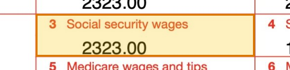 The region of the sample W-2 Form containing Social security wages (box 3), with the extracted value outlined