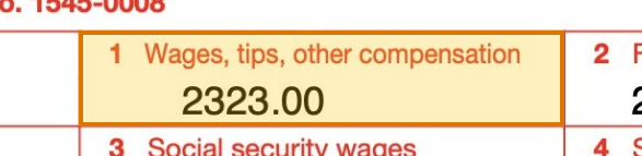 The region of the sample W-2 Form containing Wages (box 1), with the extracted value outlined