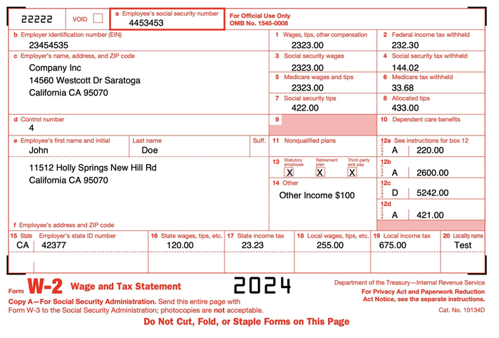 Page 1 of the sample W-2 Form
