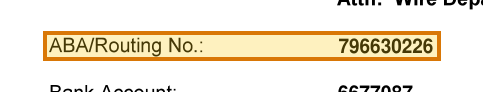 The region of the sample Wire Instructions containing ABA routing number, with the extracted value outlined
