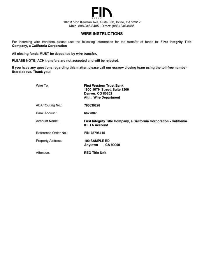 Page 1 of the sample Wire Instructions