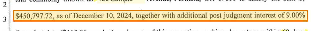 The region of the sample Writ of Execution containing Amount to satisfy, with the extracted value outlined
