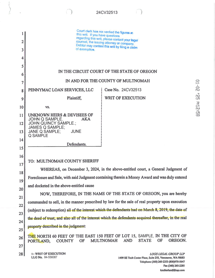 Page 1 of the sample Writ of Execution