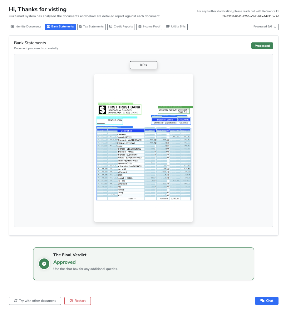 LoanLens approved case showing a bank statement with color-coded bounding box annotations highlighting extracted fields for AI loan document processing