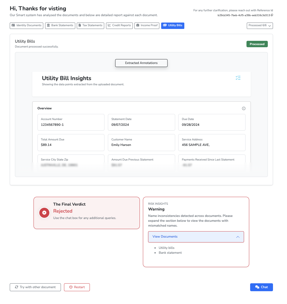 *LoanLens name mismatch warning showing the Risk Insights panel with cross-document inconsistencies flagged*