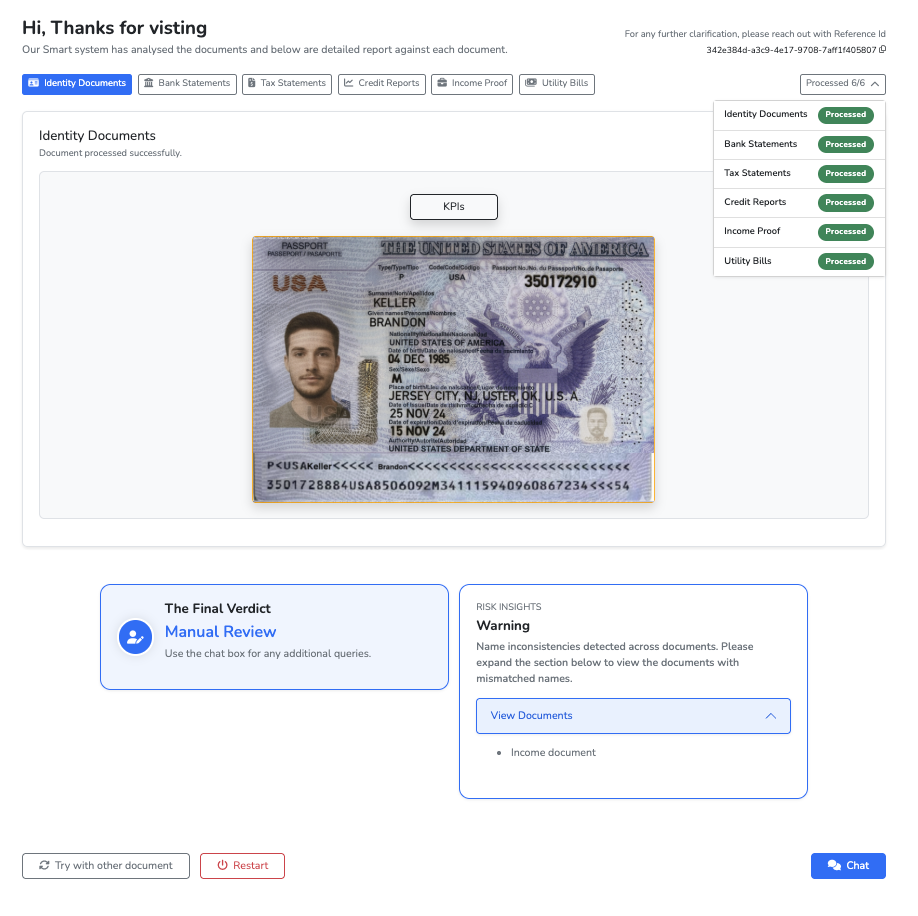 LoanLens manual review verdict for a borderline case with Risk Insights warning about name inconsistencies